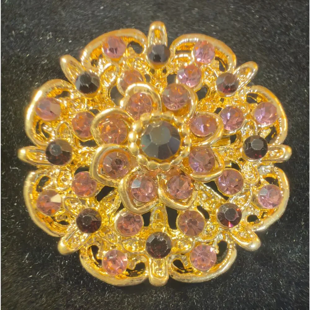 VTG Gold-Tone Pink & Garnet Rhinestone Floral Brooch Dimensional Statement Pin